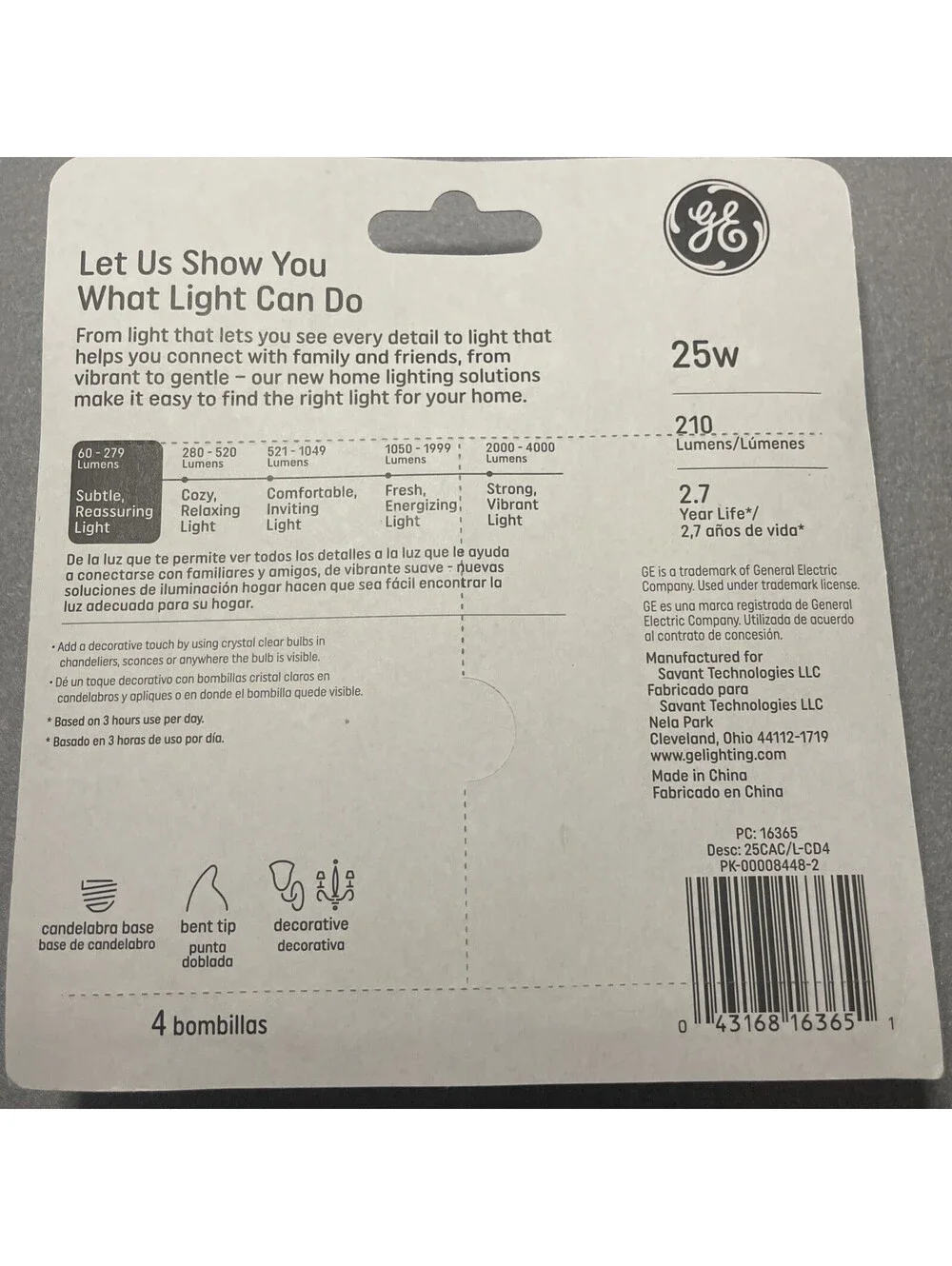 GE 25W Crystal Clear Candelabra Base Light Bulbs CA Type 210 Lumens - 2x4 Pack’s